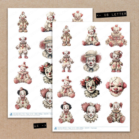 A4 and US Letter format comparison showing Watercolour Possessed Doll fussy cut pages for print and cut crafting
