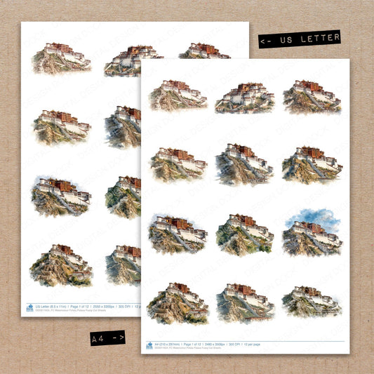 A4 and US Letter format comparison showing Watercolour Potala Palace fussy cut pages for print and cut crafting