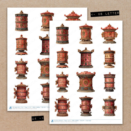 A4 and US Letter format comparison showing Watercolour Prayer Wheel fussy cut pages for print and cut crafting
