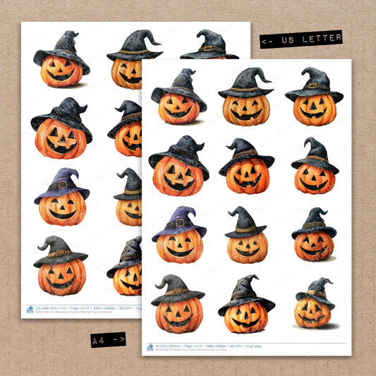 A4 and US Letter format comparison showing Watercolour Pumpkin Witch Hat fussy cut pages for print and cut crafting