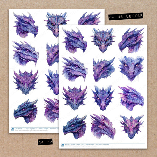 A4 and US Letter format comparison showing Watercolour Purple Dragon Head fussy cut pages for print and cut crafting