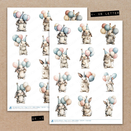 A4 and US Letter format comparison showing Watercolour Rabbit Balloons fussy cut pages for print and cut crafting