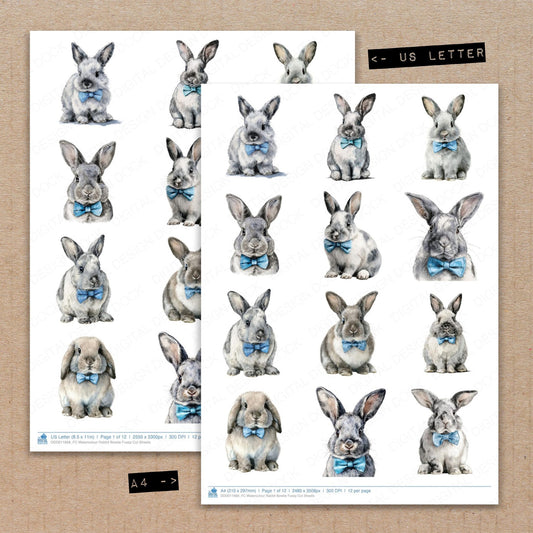 A4 and US Letter format comparison showing Watercolour Rabbit Bowtie fussy cut pages for print and cut crafting