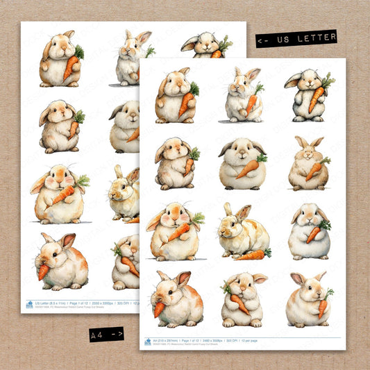 A4 and US Letter format comparison showing Watercolour Rabbit Carrot fussy cut pages for print and cut crafting