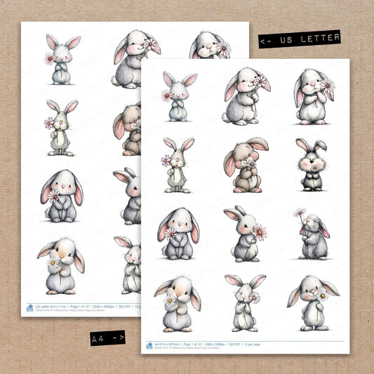 A4 and US Letter format comparison showing Watercolour Rabbit Daisy fussy cut pages for print and cut crafting