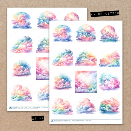 A4 and US Letter format comparison showing Watercolour Rainbow Clouds fussy cut pages for print and cut crafting
