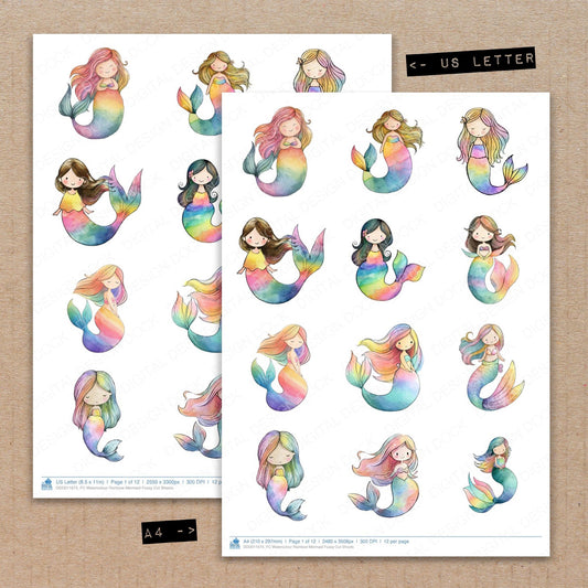 A4 and US Letter format comparison showing Watercolour Rainbow Mermaid fussy cut pages for print and cut crafting