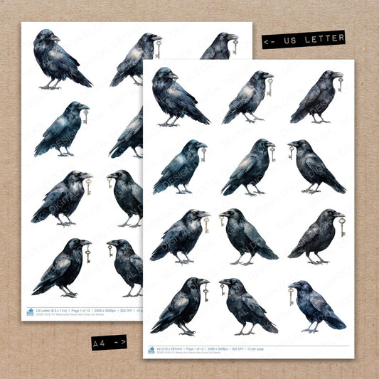 A4 and US Letter format comparison showing Watercolour Raven Key fussy cut pages for print and cut crafting