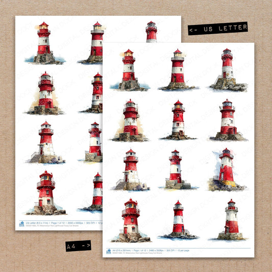 A4 and US Letter format comparison showing Watercolour Red Lighthouse fussy cut pages for print and cut crafting