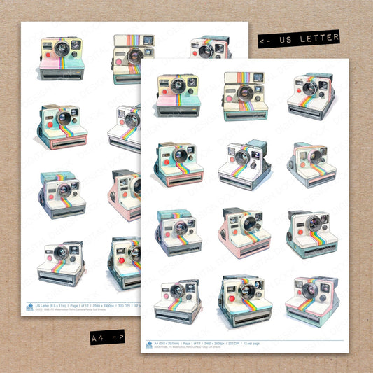 A4 and US Letter format comparison showing Watercolour Retro Camera fussy cut pages for print and cut crafting