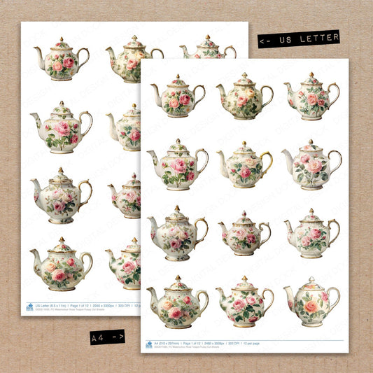 A4 and US Letter format comparison showing Watercolour Rose Teapot fussy cut pages for print and cut crafting