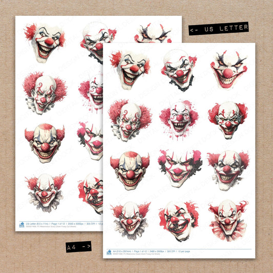 A4 and US Letter format comparison showing Watercolour Scary Clown fussy cut pages for print and cut crafting