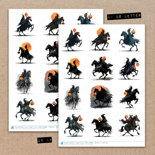 A4 and US Letter format comparison showing Watercolour Scary Horseman fussy cut pages for print and cut crafting