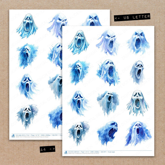 A4 and US Letter format comparison showing Watercolour Screaming Ghost fussy cut pages for print and cut crafting