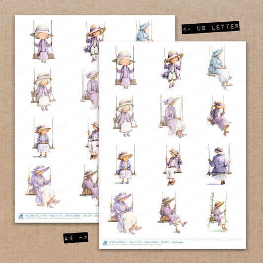 A4 and US Letter format comparison showing Watercolour Senior Woman Swing fussy cut pages for print and cut crafting