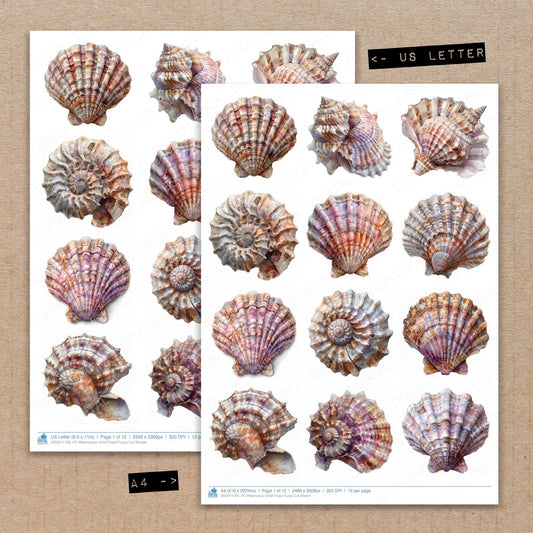 A4 and US Letter format comparison showing Watercolour Shell Fossil fussy cut pages for print and cut crafting