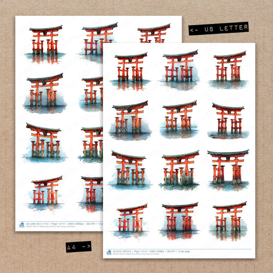 A4 and US Letter format comparison showing Watercolour Shinto Torii fussy cut pages for print and cut crafting