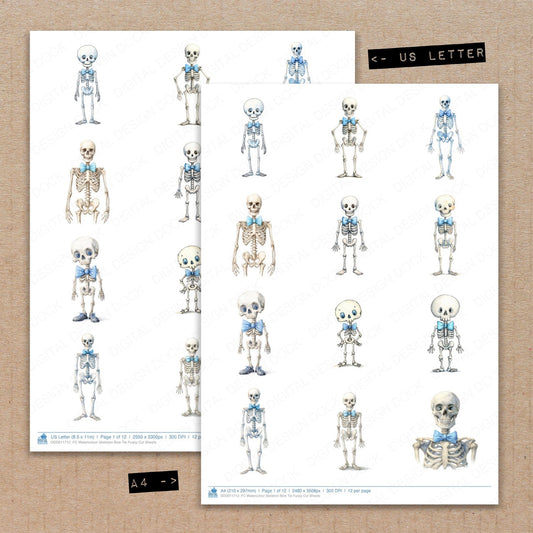 A4 and US Letter format comparison showing Watercolour Skeleton Bow Tie fussy cut pages for print and cut crafting