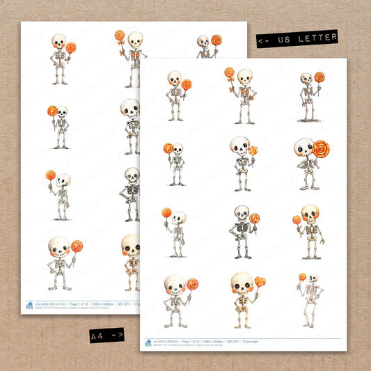 A4 and US Letter format comparison showing Watercolour Skeleton Lollipop fussy cut pages for print and cut crafting