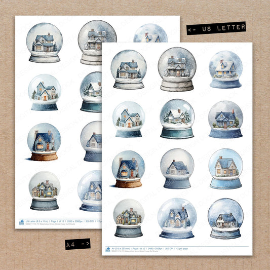A4 and US Letter format comparison showing Watercolour Snow Globe fussy cut pages for print and cut crafting