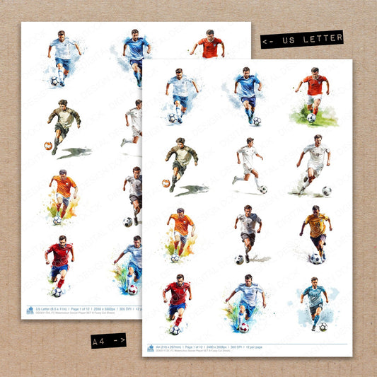 A4 and US Letter format comparison showing Watercolour Soccer Player B fussy cut pages for print and cut crafting
