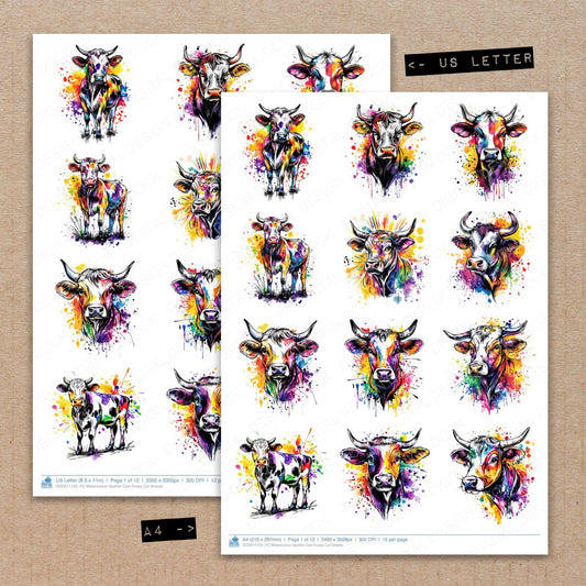 A4 and US Letter format comparison showing Watercolour Spatter Cow fussy cut pages for print and cut crafting