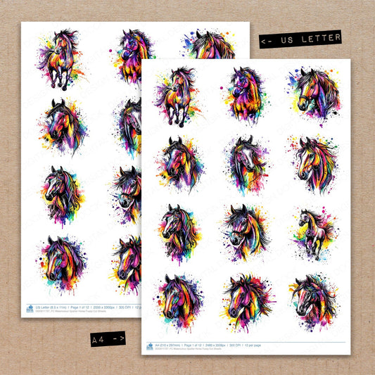 A4 and US Letter format comparison showing Watercolour Spatter Horse fussy cut pages for print and cut crafting