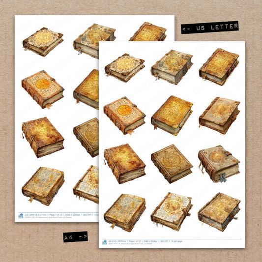 A4 and US Letter format comparison showing Watercolour Spell Book fussy cut pages for print and cut crafting