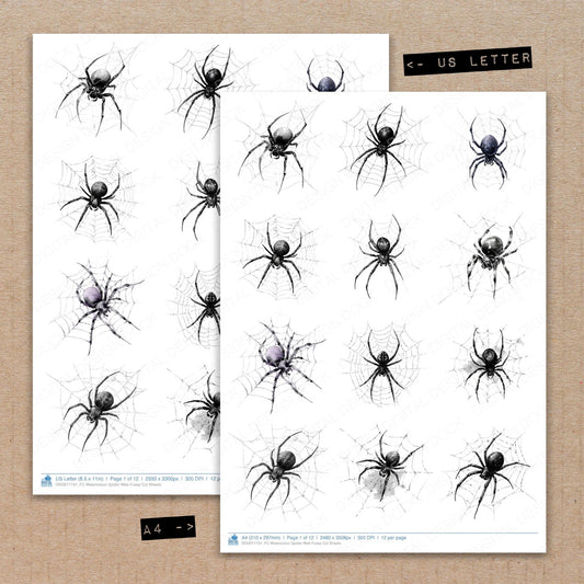 A4 and US Letter format comparison showing Watercolour Spider Web fussy cut pages for print and cut crafting