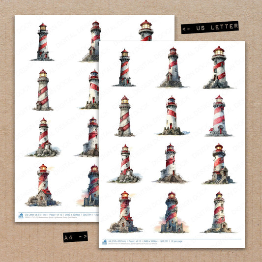 A4 and US Letter format comparison showing Watercolour Spiral Lighthouse fussy cut pages for print and cut crafting