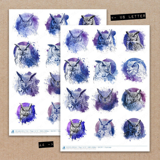 A4 and US Letter format comparison showing Watercolour Splash Owl Head fussy cut pages for print and cut crafting