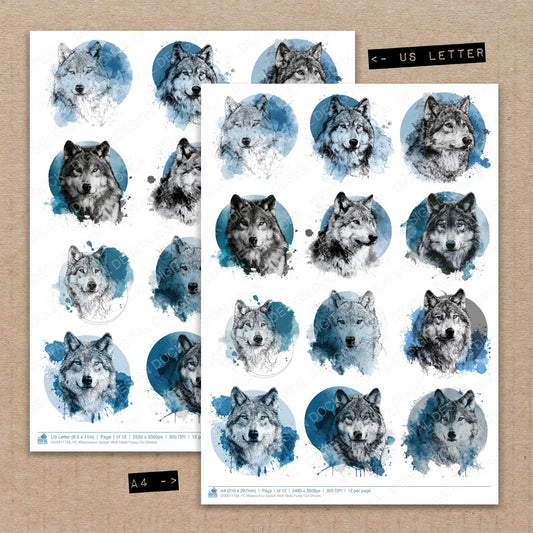A4 and US Letter format comparison showing Watercolour Splash Wolf Head fussy cut pages for print and cut crafting