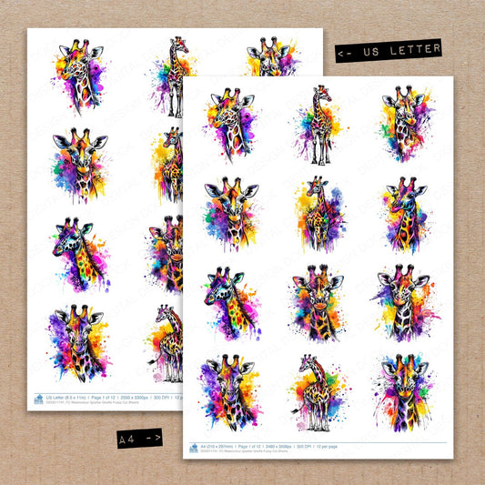 A4 and US Letter format comparison showing Watercolour Splatter Giraffe fussy cut pages for print and cut crafting