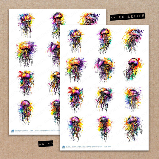 A4 and US Letter format comparison showing Watercolour Splatter Jellyfish fussy cut pages for print and cut crafting