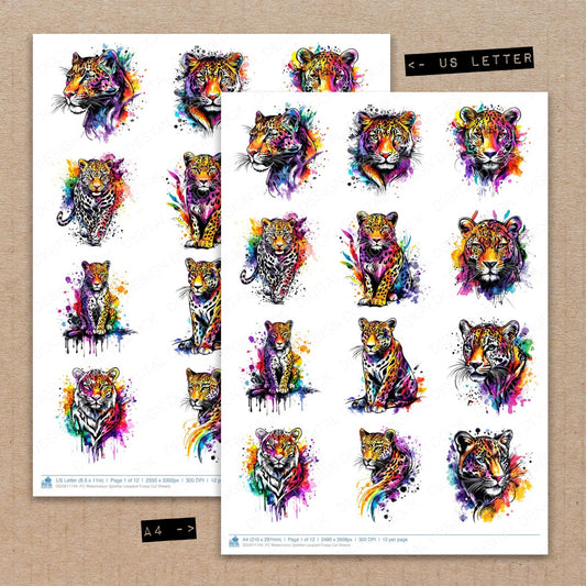 A4 and US Letter format comparison showing Watercolour Splatter Leopard fussy cut pages for print and cut crafting