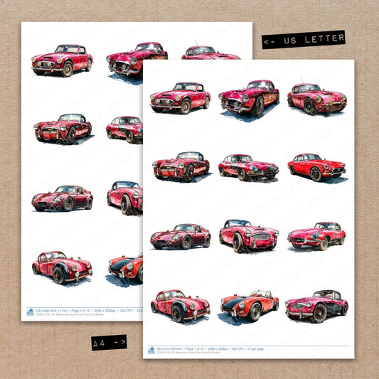 A4 and US Letter format comparison showing Watercolour Sports Car fussy cut pages for print and cut crafting