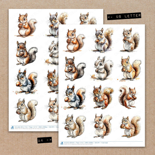 A4 and US Letter format comparison showing Watercolour Squirrel with Nut fussy cut pages for print and cut crafting