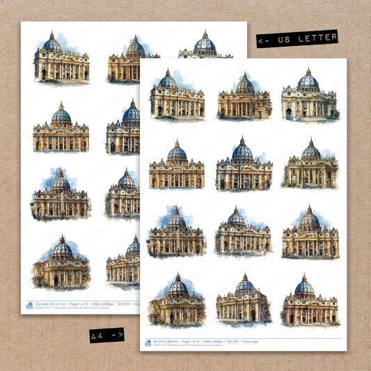 A4 and US Letter format comparison showing Watercolour St Peters Basilica fussy cut pages for print and cut crafting