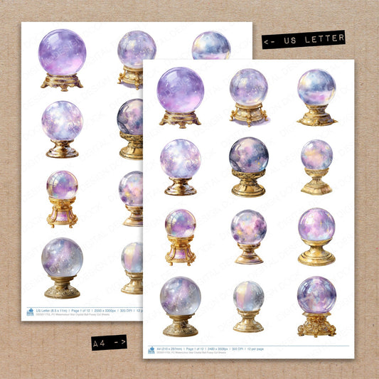 A4 and US Letter format comparison showing Watercolour Star Crystal Ball fussy cut pages for print and cut crafting