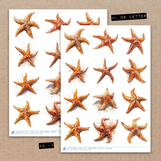 A4 and US Letter format comparison showing Watercolour Starfish fussy cut pages for print and cut crafting