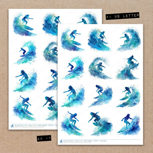 A4 and US Letter format comparison showing Watercolour Surfer on Wave fussy cut pages for print and cut crafting
