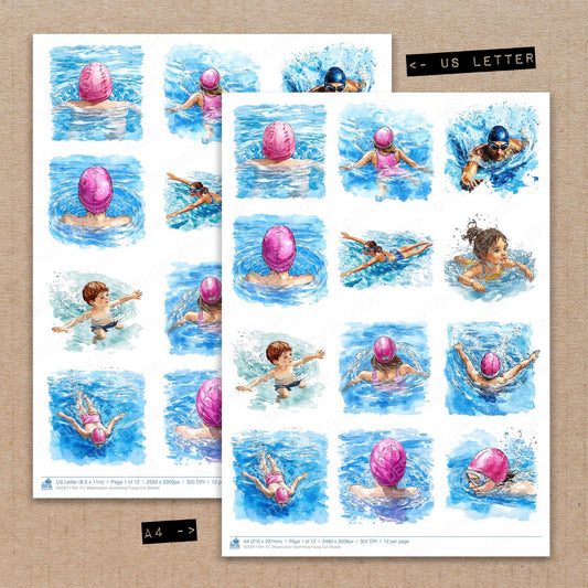 A4 and US Letter format comparison showing Watercolour Swimming fussy cut pages for print and cut crafting