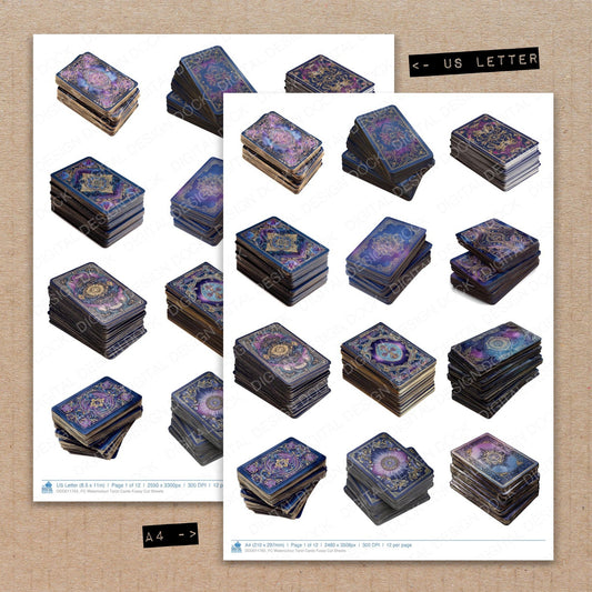 A4 and US Letter format comparison showing Watercolour Tarot Cards fussy cut pages for print and cut crafting