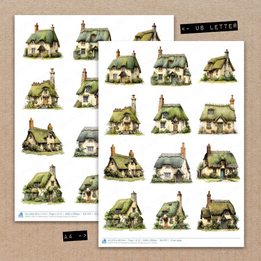 A4 and US Letter format comparison showing Watercolour Thatched Cottage fussy cut pages for print and cut crafting