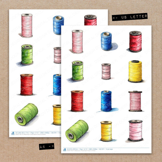 A4 and US Letter format comparison showing Watercolour Thread Spool fussy cut pages for print and cut crafting