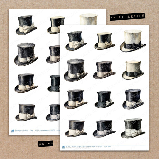 A4 and US Letter format comparison showing Watercolour Top Hat fussy cut pages for print and cut crafting