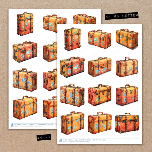 A4 and US Letter format comparison showing Watercolour Travel Case fussy cut pages for print and cut crafting