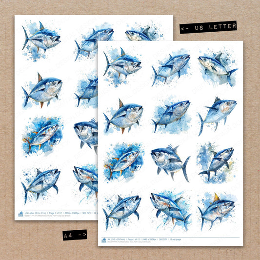 A4 and US Letter format comparison showing Watercolour Tuna Fish fussy cut pages for print and cut crafting