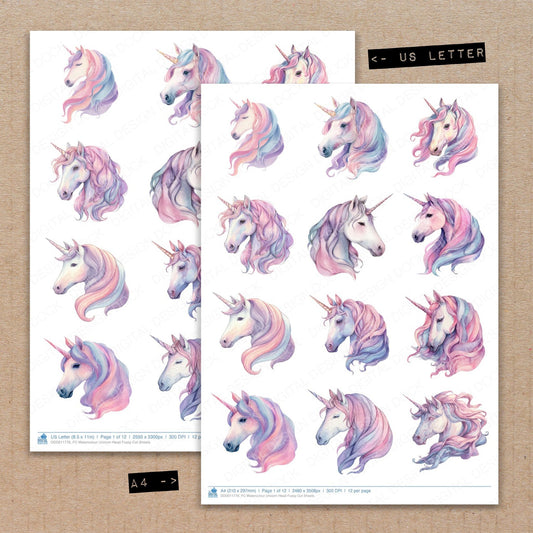 A4 and US Letter format comparison showing Watercolour Unicorn Head fussy cut pages for print and cut crafting