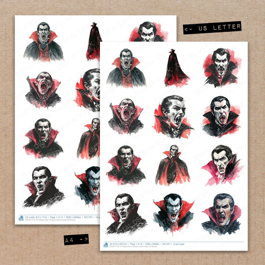 A4 and US Letter format comparison showing Watercolour Vampire Cloak fussy cut pages for print and cut crafting